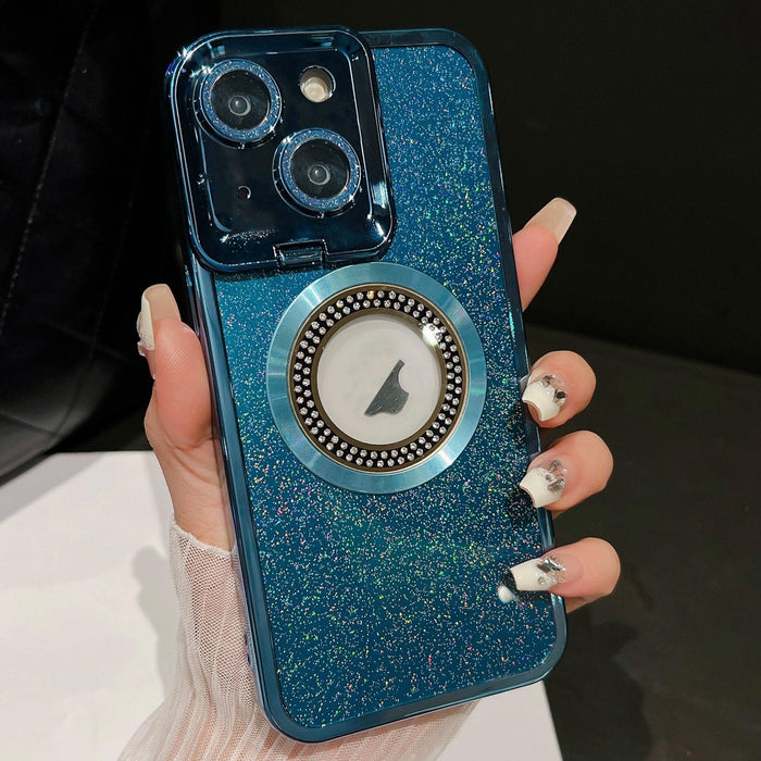For Iphone 15 Starry Glitter Magsafe Lens Holder Phone Case