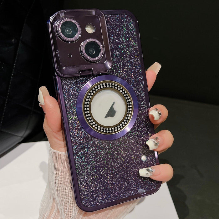 For Iphone 15 Starry Glitter Magsafe Lens Holder Phone Case