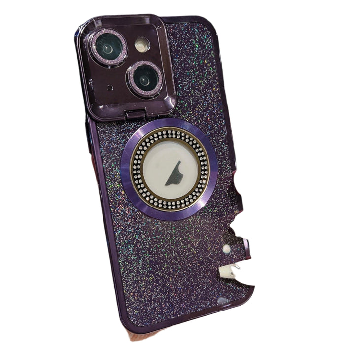 For Iphone 15 Starry Glitter Magsafe Lens Holder Phone Case