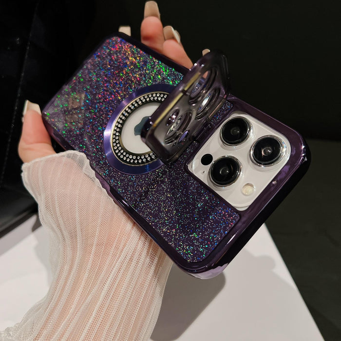 For Iphone 15 Starry Glitter Magsafe Lens Holder Phone Case