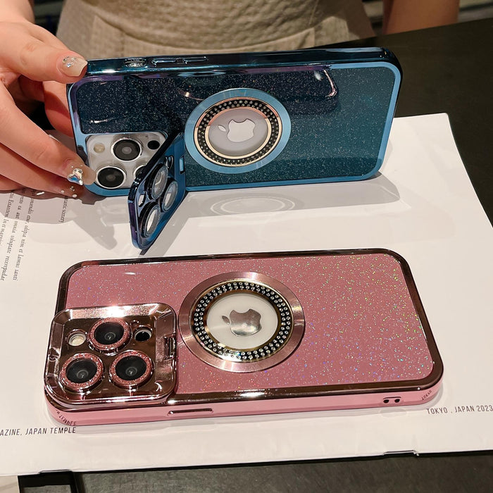 For Iphone 15 Starry Glitter Magsafe Lens Holder Phone Case