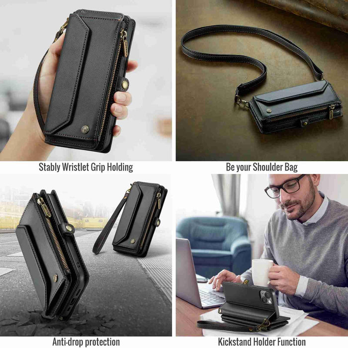 For Iphone 15 Card Slots Zipper Wallet Rfid Anti-Theft Leather Phone Case