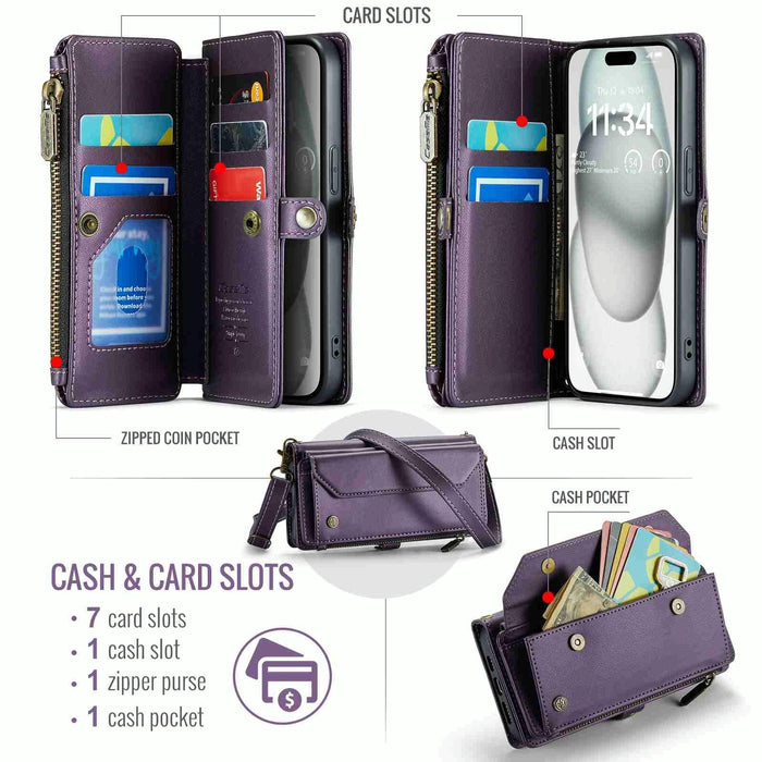 For Iphone 15 Card Slots Zipper Wallet Rfid Anti-Theft Leather Phone Case
