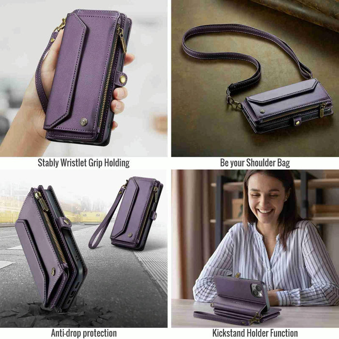 For Iphone 15 Card Slots Zipper Wallet Rfid Anti-Theft Leather Phone Case
