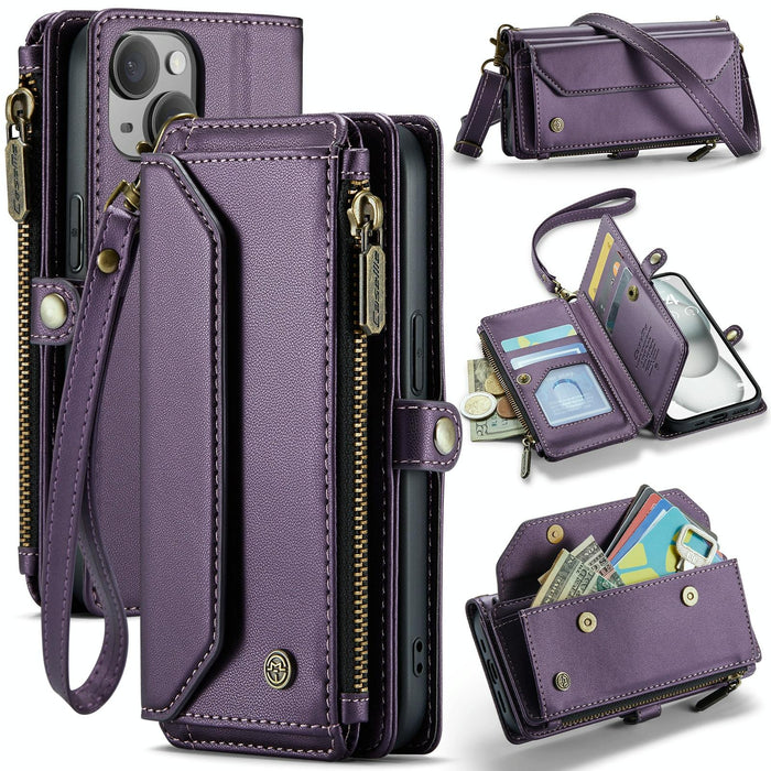For Iphone 15 Card Slots Zipper Wallet Rfid Anti-Theft Leather Phone Case