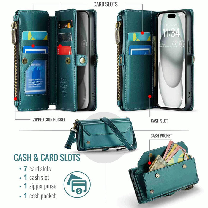 For Iphone 15 Card Slots Zipper Wallet Rfid Anti-Theft Leather Phone Case