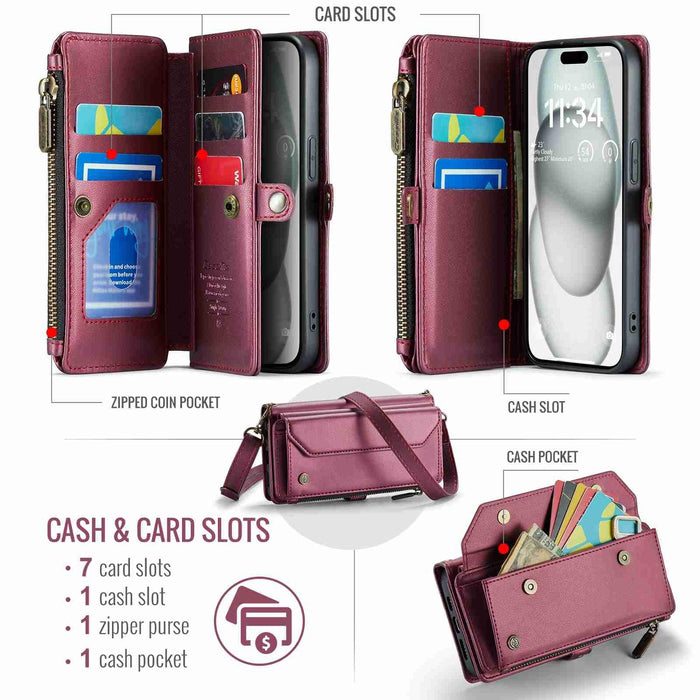 For Iphone 15 Card Slots Zipper Wallet Rfid Anti-Theft Leather Phone Case