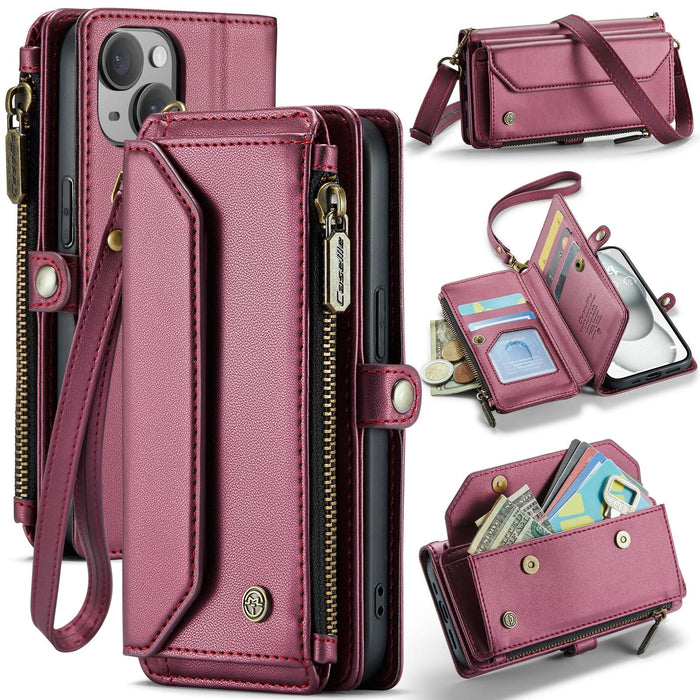 For Iphone 15 Card Slots Zipper Wallet Rfid Anti-Theft Leather Phone Case