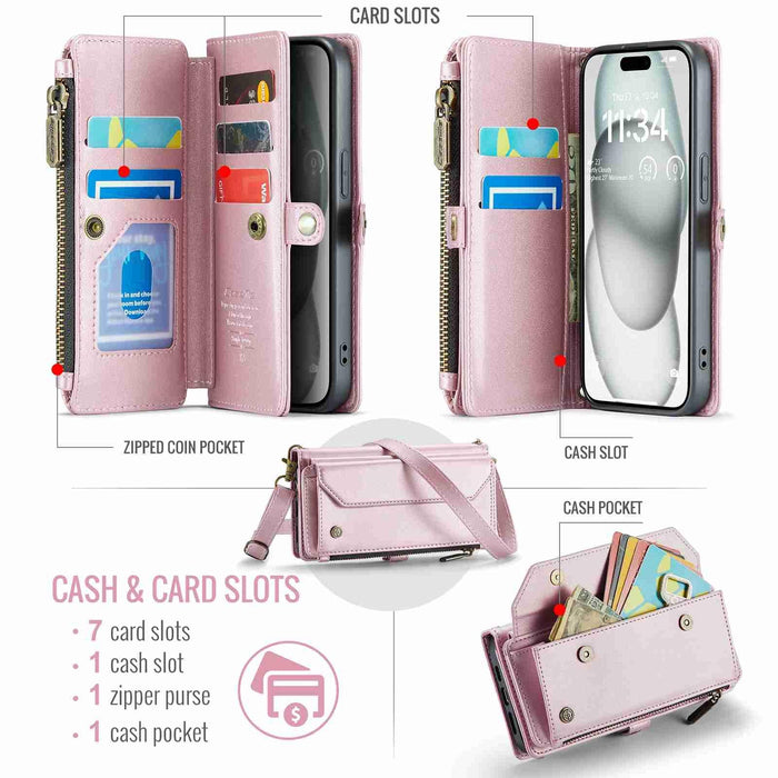 For Iphone 15 Card Slots Zipper Wallet Rfid Anti-Theft Leather Phone Case