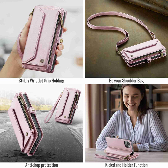 For Iphone 15 Card Slots Zipper Wallet Rfid Anti-Theft Leather Phone Case