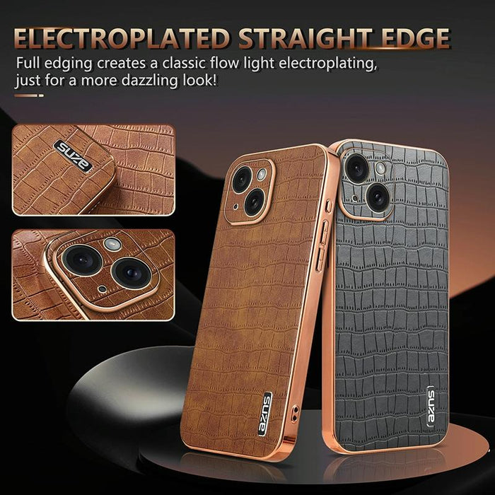 For Iphone 15 Electroplated Frame Crocodile Texture Full Coverage Phone Case