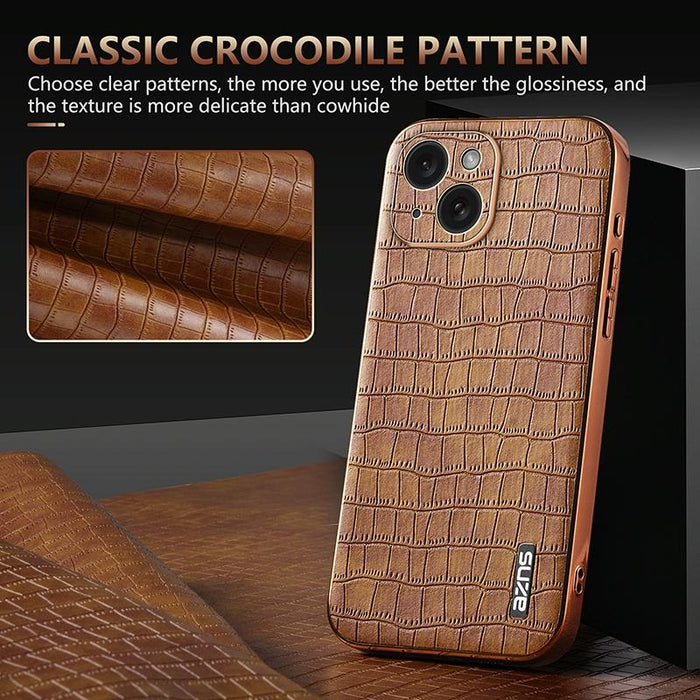 For Iphone 15 Electroplated Frame Crocodile Texture Full Coverage Phone Case