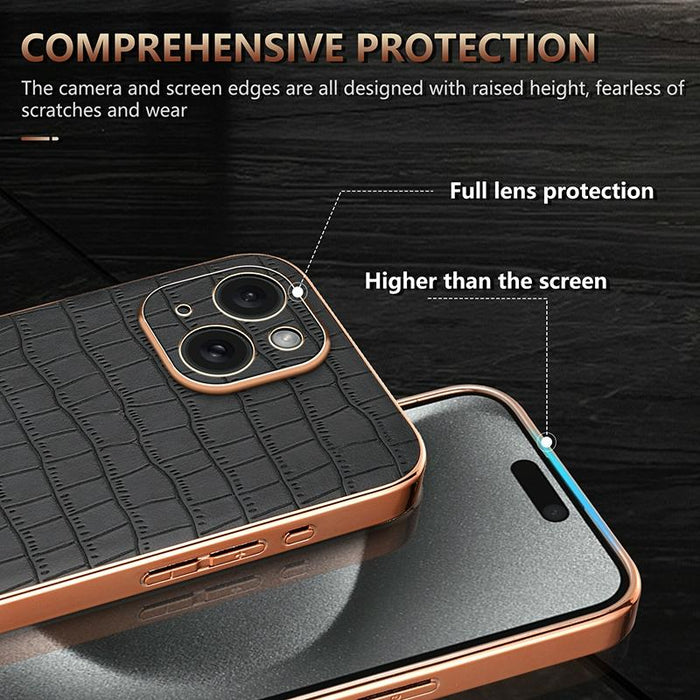 For Iphone 15 Electroplated Frame Crocodile Texture Full Coverage Phone Case
