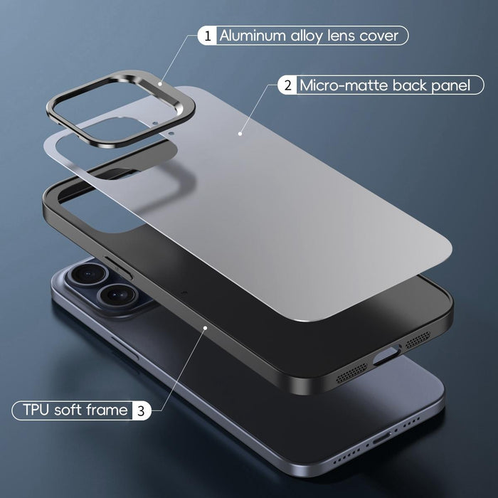 For Iphone 15 Aluminum Alloy Lens Holder Frosted Skin-Feel Phone Case