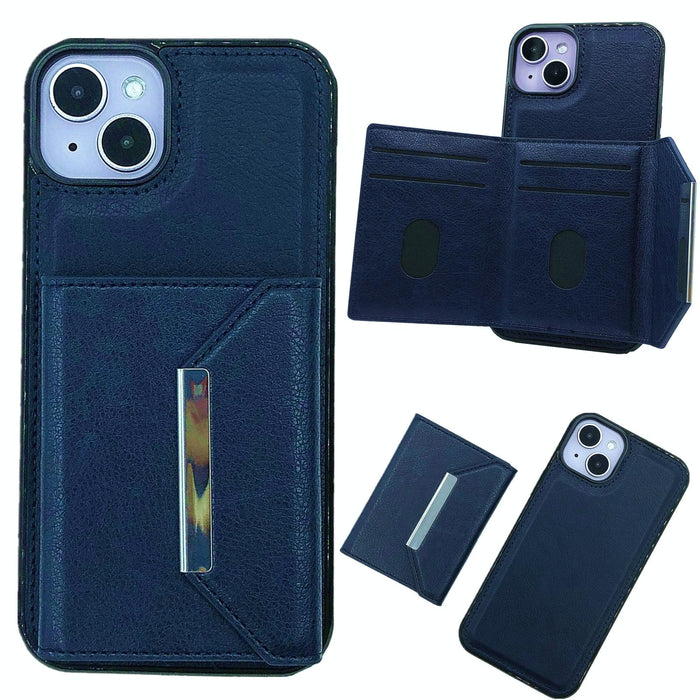 For Iphone 15 Solid Colour Metal Buckle Card Slots Bag Phone Case
