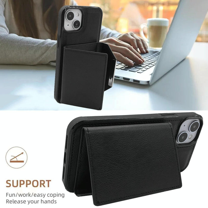 For Iphone 15 Solid Colour Metal Buckle Card Slots Bag Phone Case