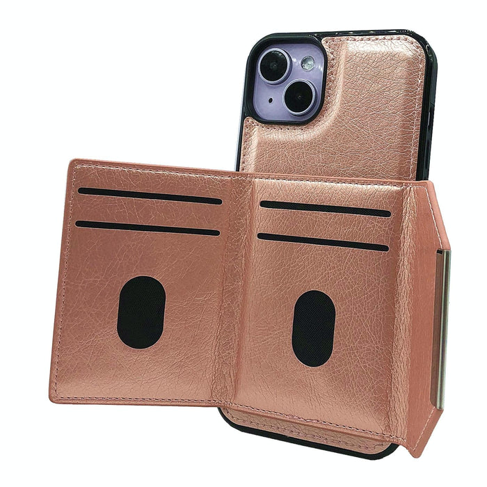 For Iphone 15 Solid Colour Metal Buckle Card Slots Bag Phone Case