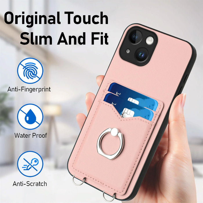 For Iphone 15 Crossbody Rope Ring Card Holder Phone Case