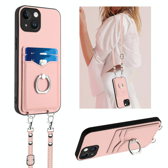 For Iphone 15 Crossbody Rope Ring Card Holder Phone Case