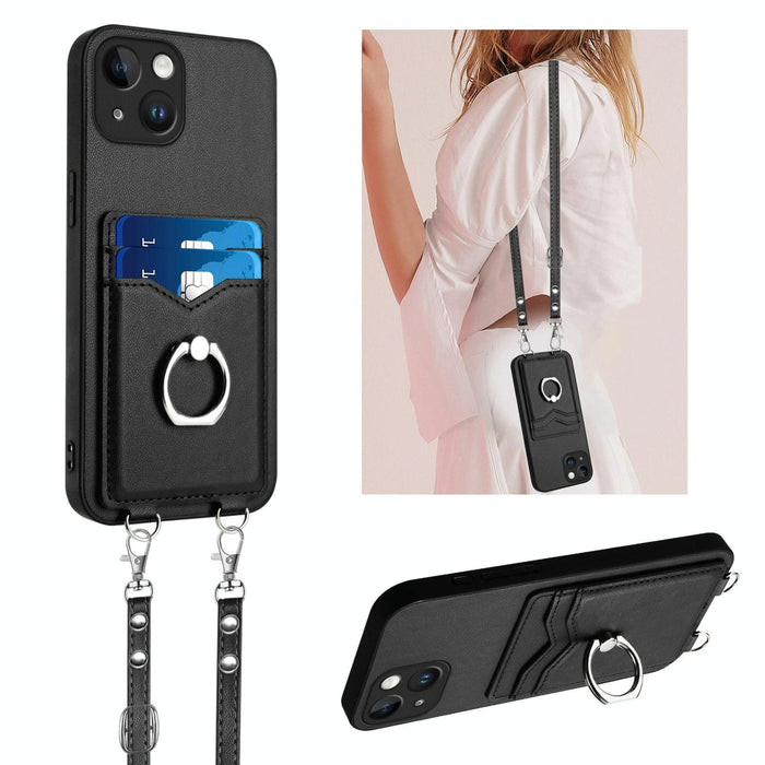 For Iphone 15 Crossbody Rope Ring Card Holder Phone Case