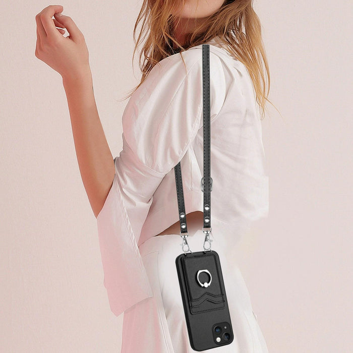 For Iphone 15 Crossbody Rope Ring Card Holder Phone Case