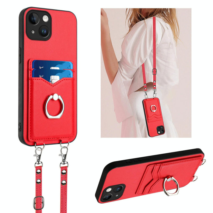 For Iphone 15 Crossbody Rope Ring Card Holder Phone Case