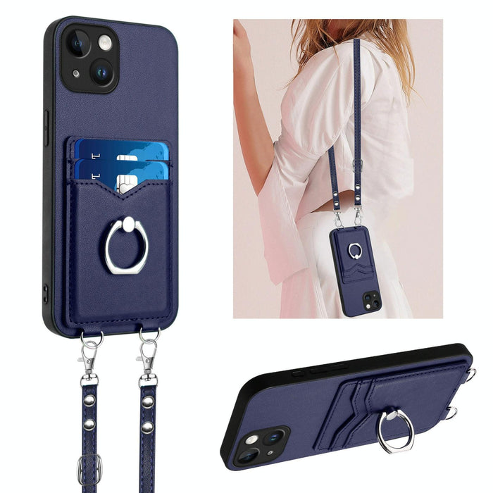 For Iphone 15 Crossbody Rope Ring Card Holder Phone Case