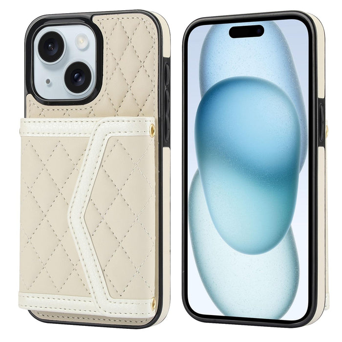 For Iphone 15 Splicing Rhombic Texture Card Bag Phone Case With Long Lanyard