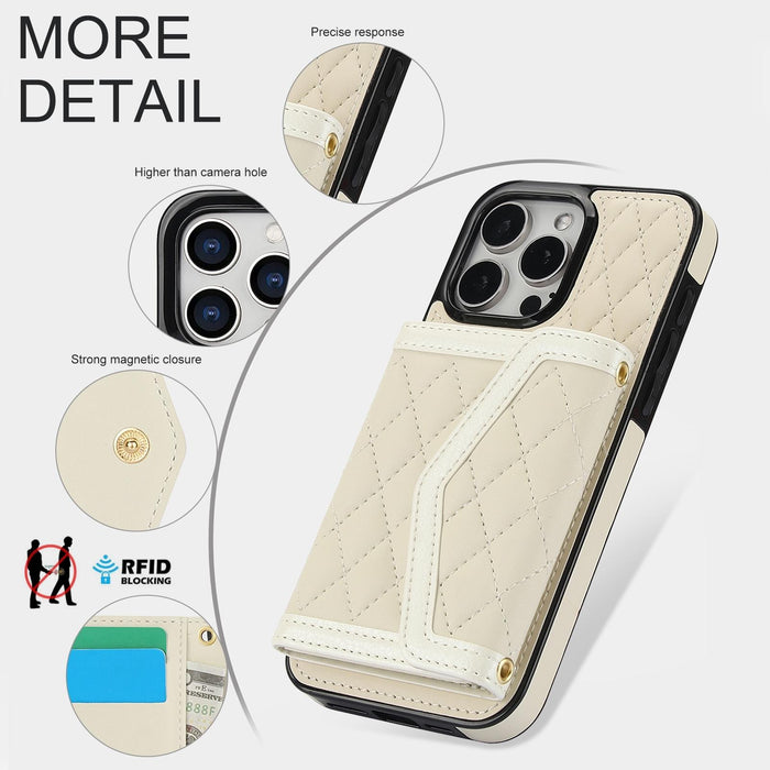 For Iphone 15 Splicing Rhombic Texture Card Bag Phone Case With Long Lanyard