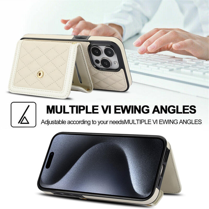 For Iphone 15 Splicing Rhombic Texture Card Bag Phone Case With Long Lanyard