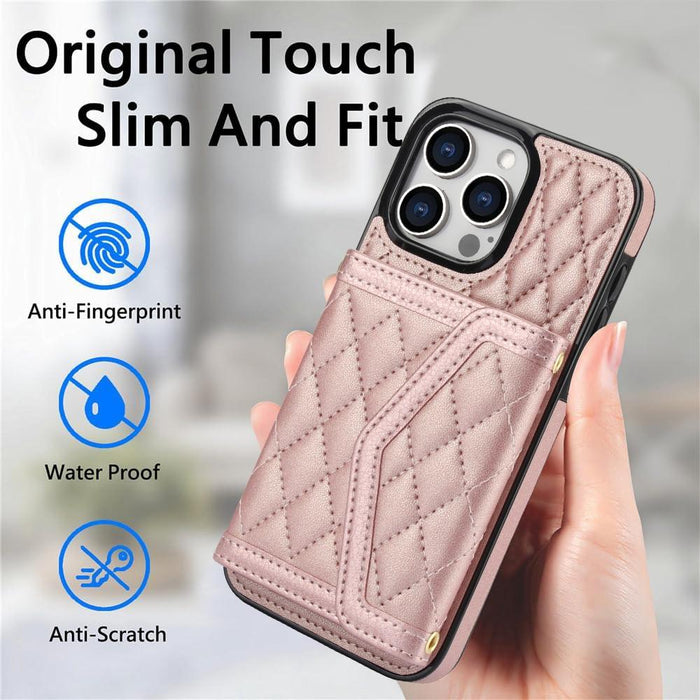 For Iphone 15 Splicing Rhombic Texture Card Bag Phone Case With Long Lanyard