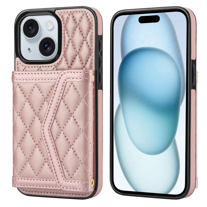 For Iphone 15 Splicing Rhombic Texture Card Bag Phone Case With Long Lanyard