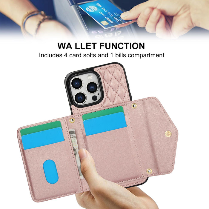 For Iphone 15 Splicing Rhombic Texture Card Bag Phone Case With Long Lanyard