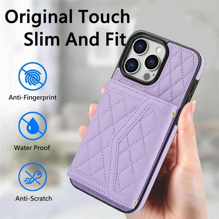 For Iphone 15 Splicing Rhombic Texture Card Bag Phone Case With Long Lanyard