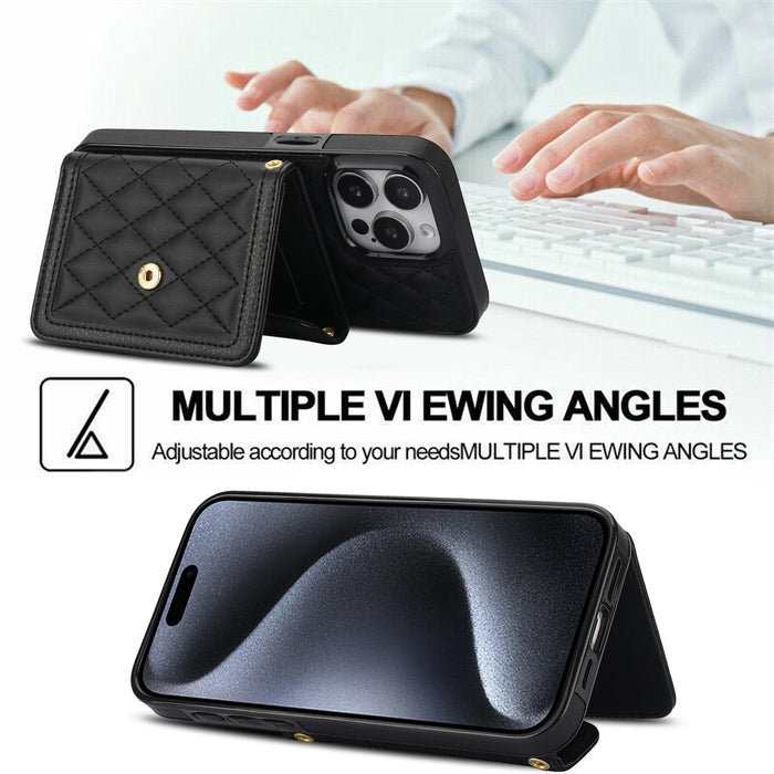 For Iphone 15 Splicing Rhombic Texture Card Bag Phone Case With Long Lanyard