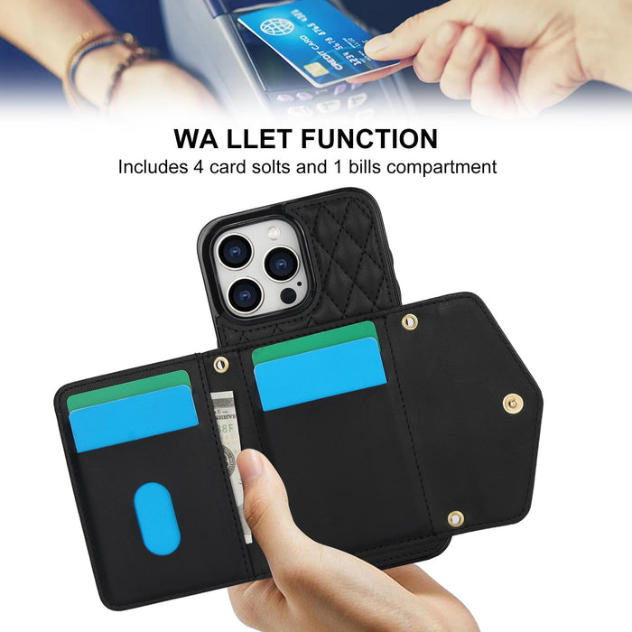 For Iphone 15 Splicing Rhombic Texture Card Bag Phone Case With Long Lanyard