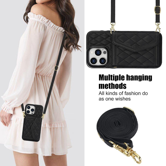 For Iphone 15 Splicing Rhombic Texture Card Bag Phone Case With Long Lanyard