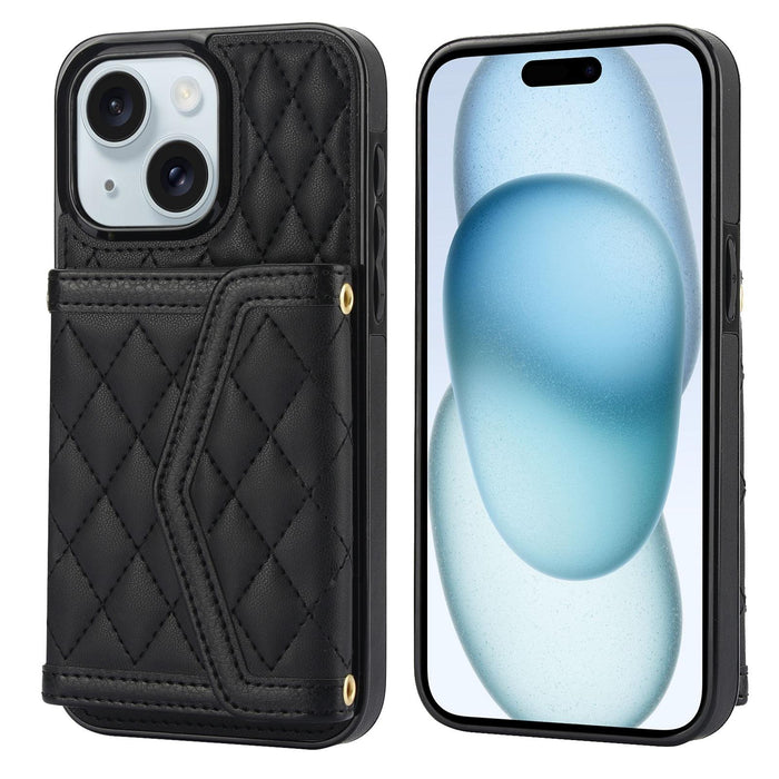 For Iphone 15 Splicing Rhombic Texture Card Bag Phone Case With Long Lanyard