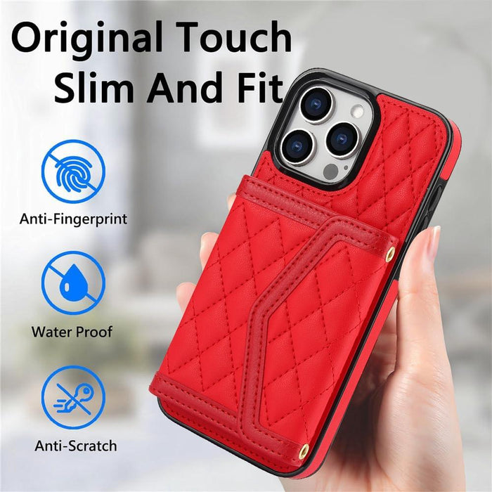 For Iphone 15 Splicing Rhombic Texture Card Bag Phone Case With Long Lanyard