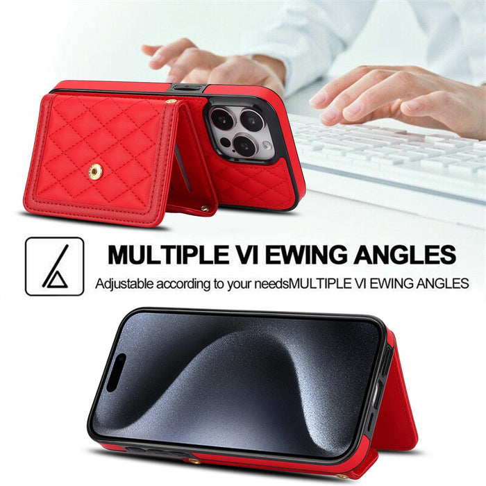 For Iphone 15 Splicing Rhombic Texture Card Bag Phone Case With Long Lanyard