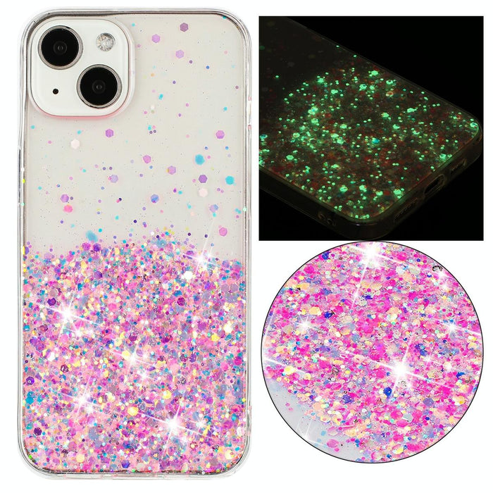 For Iphone 15 Transparent Frame Noctilucent Glitter Powder Tpu Phone Case