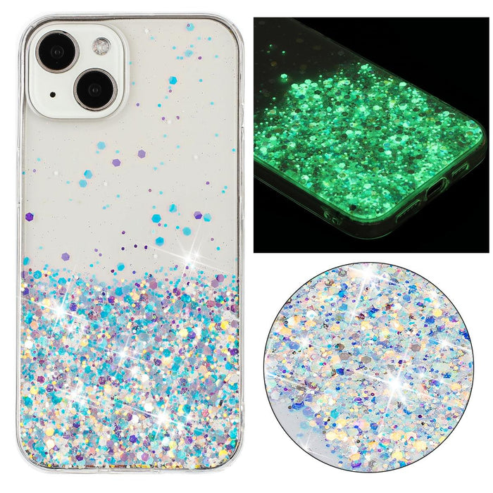 For Iphone 15 Transparent Frame Noctilucent Glitter Powder Tpu Phone Case