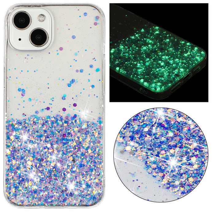 For Iphone 15 Transparent Frame Noctilucent Glitter Powder Tpu Phone Case