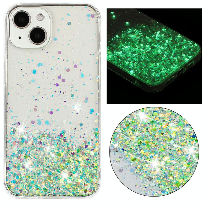 For Iphone 15 Transparent Frame Noctilucent Glitter Powder Tpu Phone Case