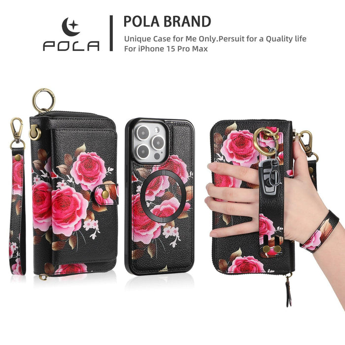 For Iphone 15 Pola Magsafe Flower Multi-Functional Zipper Wallet Leather Phone Case