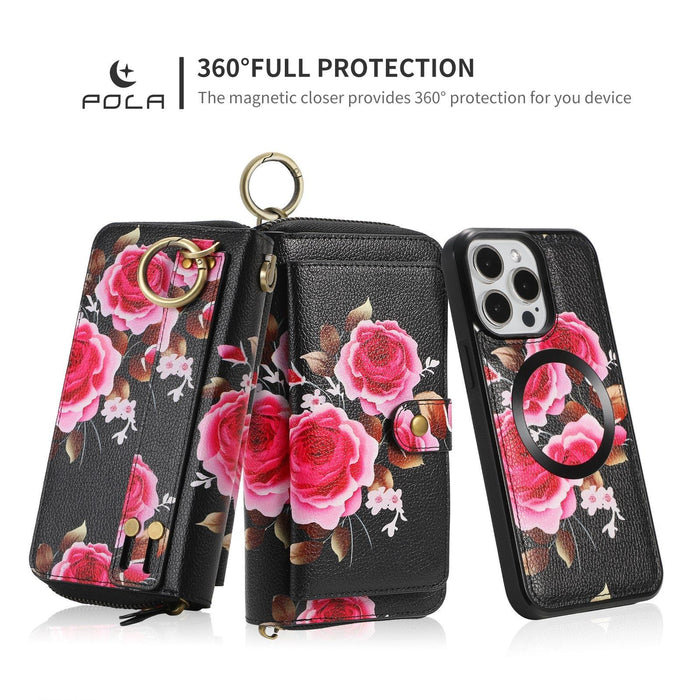 For Iphone 15 Pola Magsafe Flower Multi-Functional Zipper Wallet Leather Phone Case