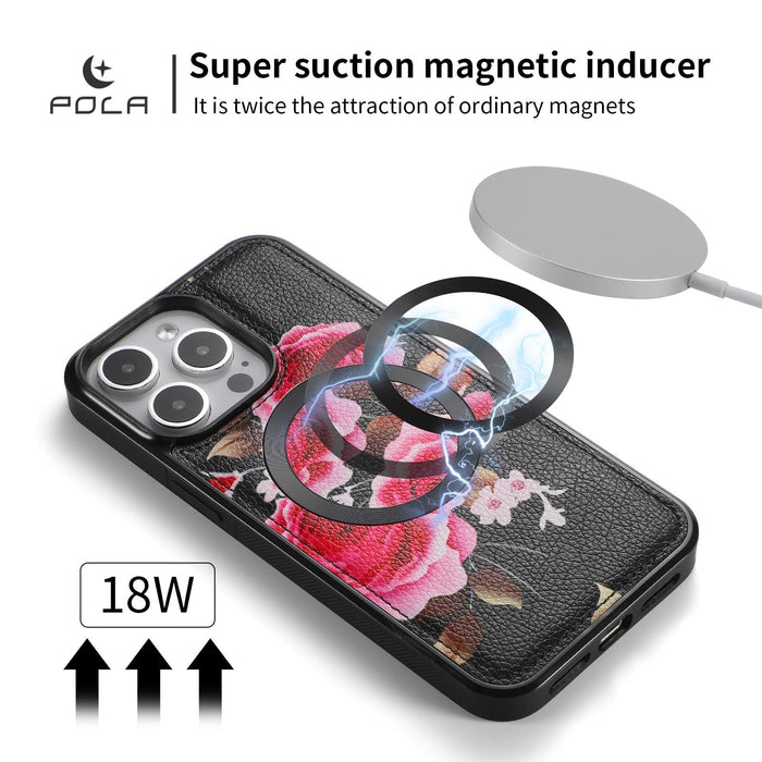 For Iphone 15 Pola Magsafe Flower Multi-Functional Zipper Wallet Leather Phone Case