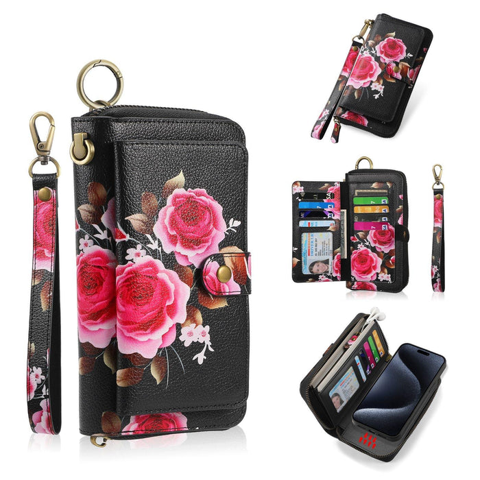 For Iphone 15 Pola Magsafe Flower Multi-Functional Zipper Wallet Leather Phone Case