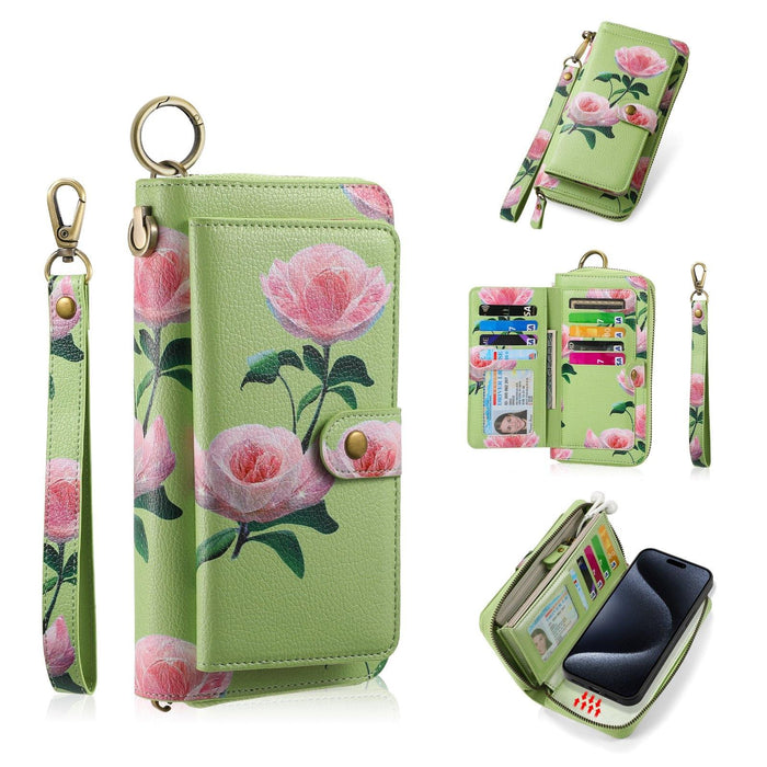 For Iphone 15 Pola Magsafe Flower Multi-Functional Zipper Wallet Leather Phone Case