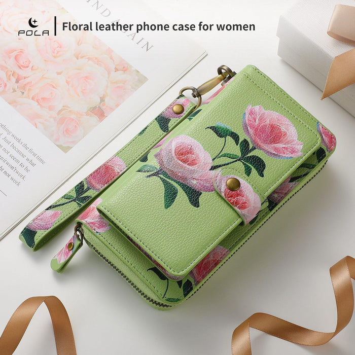 For Iphone 15 Pola Magsafe Flower Multi-Functional Zipper Wallet Leather Phone Case